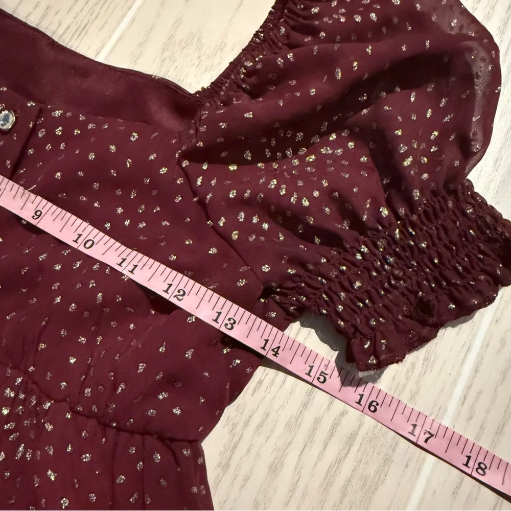Trixxi Girl Burgundy Gold Dot Party Dress Size 8‎ Puff Sleeve Holiday NEW